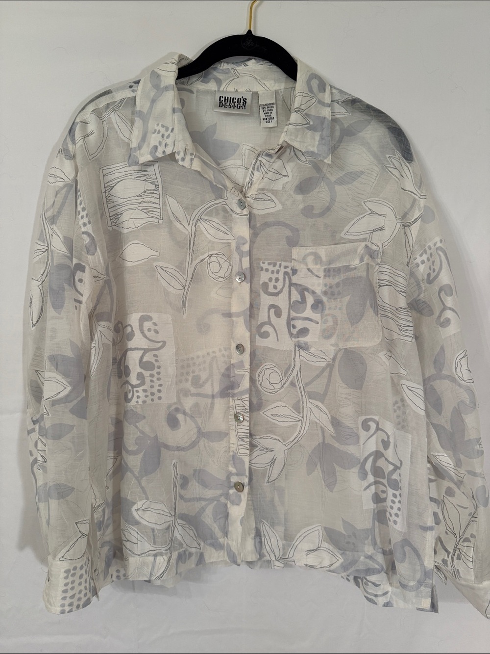 Chico's White Sheer Button-Up with Light Gray Floral Lines